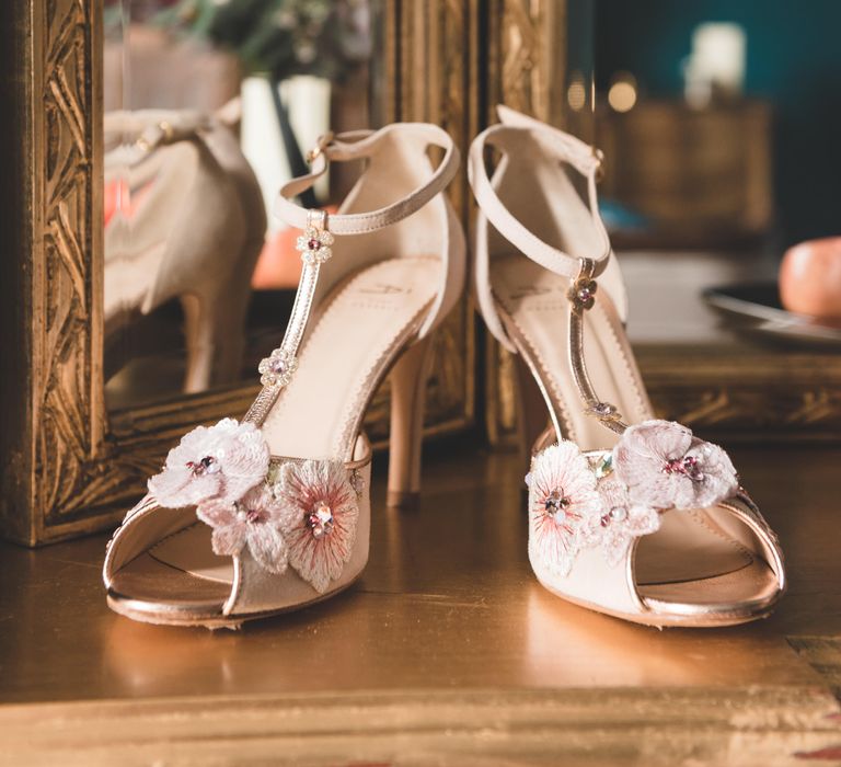 Diane Hassall T-Bar wedding shoes with floral decor