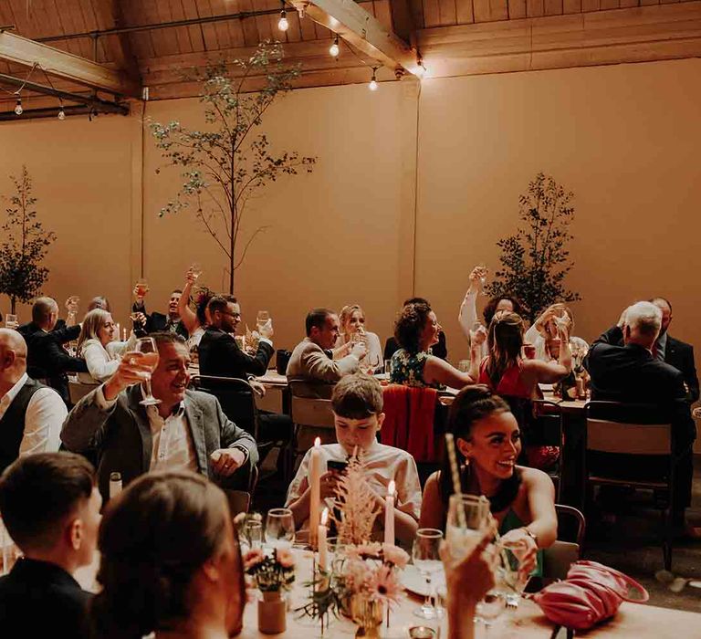 Wedding guests toast the happy couple