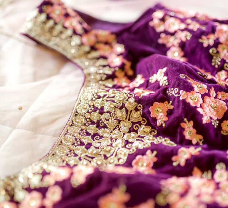 Colourful purple and and gold embroidered Lahenga 