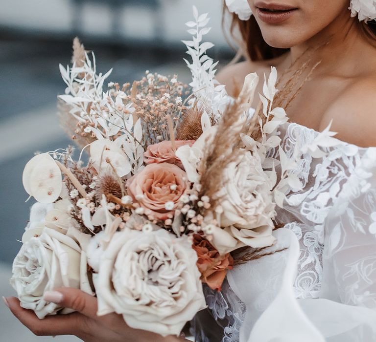 dried flower wedding bouquet with cafe au late roses 