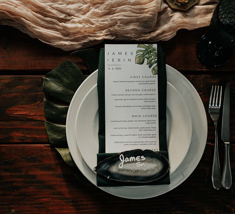 Green napkin and leaf wedding stationery with Agate crystal slice for name tags 