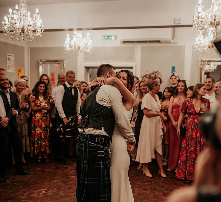 First dance with the bride in a Stephanie Allin wedding dress and the groom in a tartan kilt