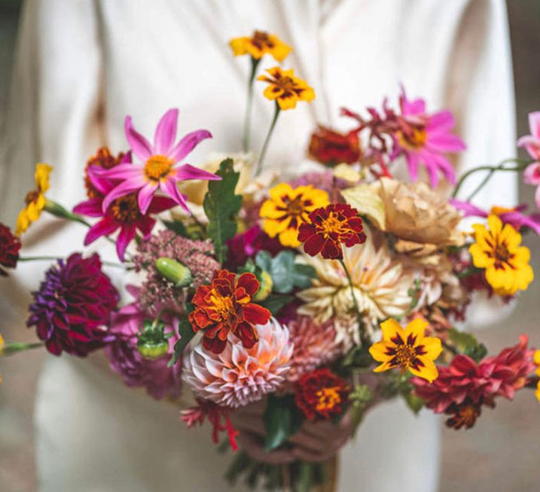 Pink, yellow and red wedding bouquet for autumn wedding 