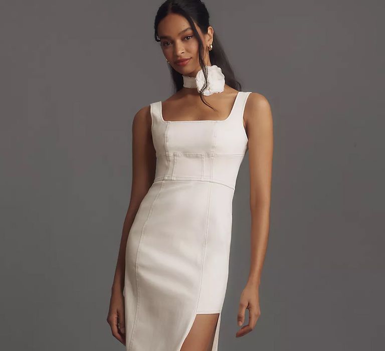 Anthropologie midi wedding dress with square neck, thigh split and corsage