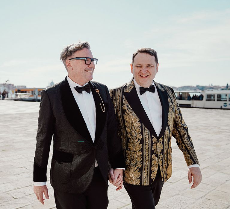 Two grooms in Dolce & Gabbana suits at their same sex wedding in Venice 