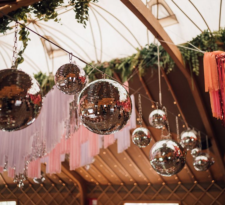 Disco ball wedding decor at Thorpe Gardens in Staffordshire 