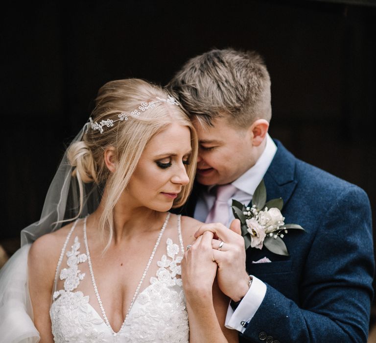 Roise and Matt real couple at stone barn wedding in Spring