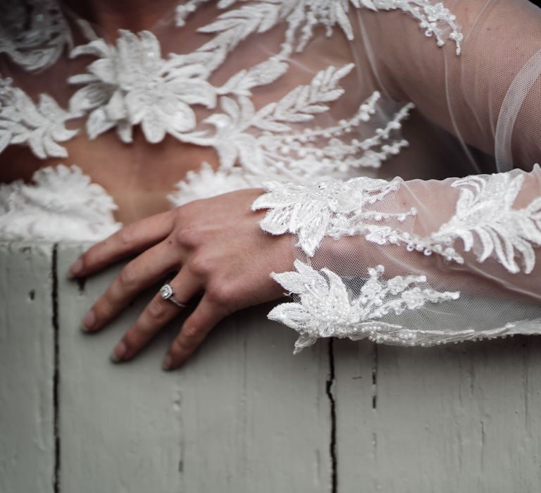 Lace long sleeve detailing on the bride's Pronovias wedding dress