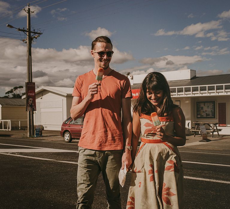 The bride and groom stopped for ice lollies before their New Zealand elopement