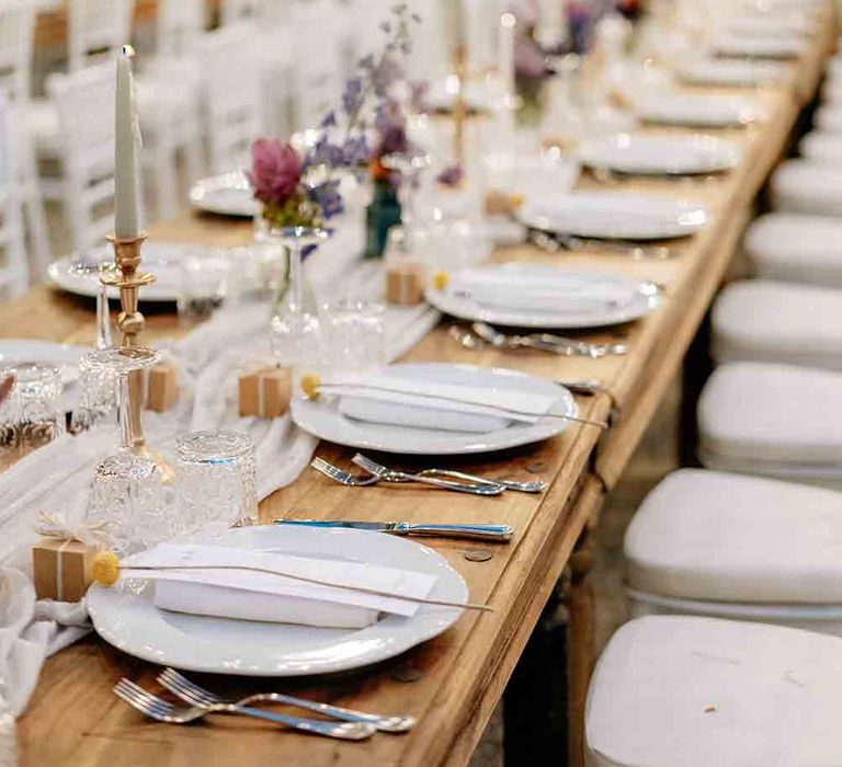 Gorgeous long wedding tables with pink flower decor