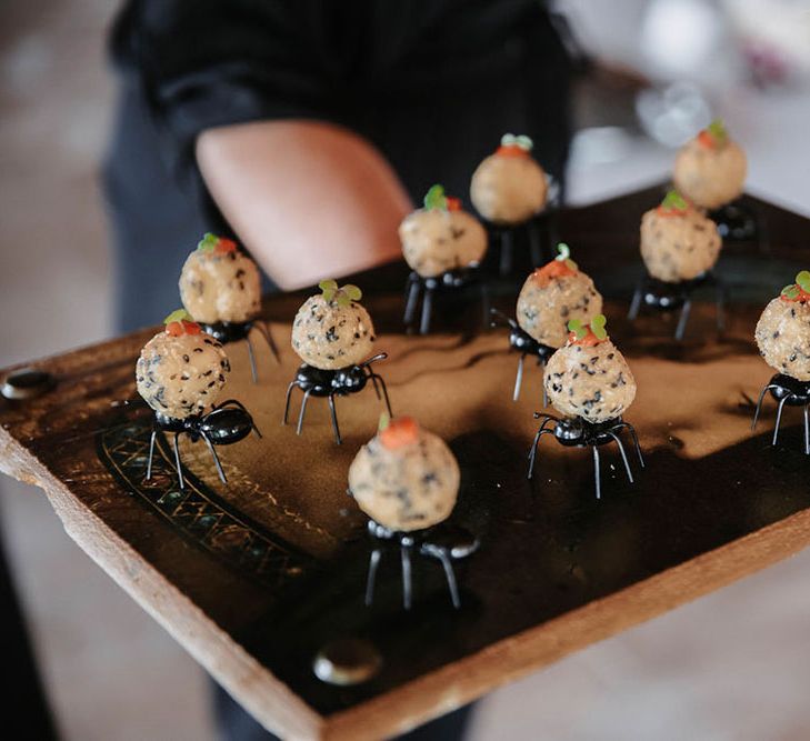 Canapés at drag race wedding inspiration shoot. Photography by Stephanie Shenton. 