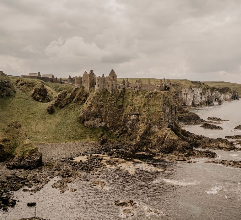 View of Dunluce Castle ruins from clifftop at Dunluce Castle wedding