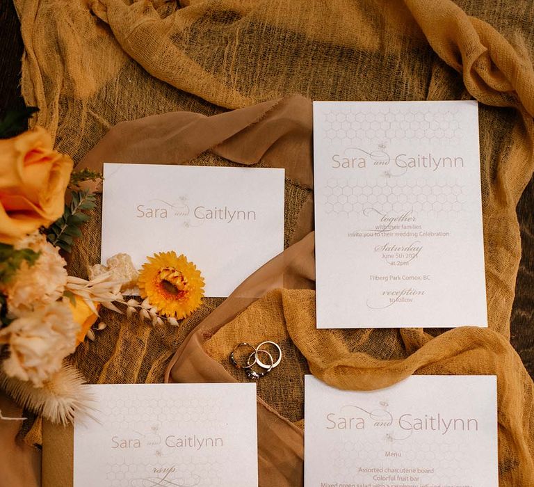 Wedding stationery suite with honeycomb design and yellow linens