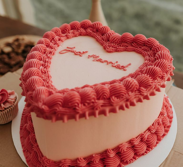 Pink heart shaped retro wedding cake for at home marquee wedding 