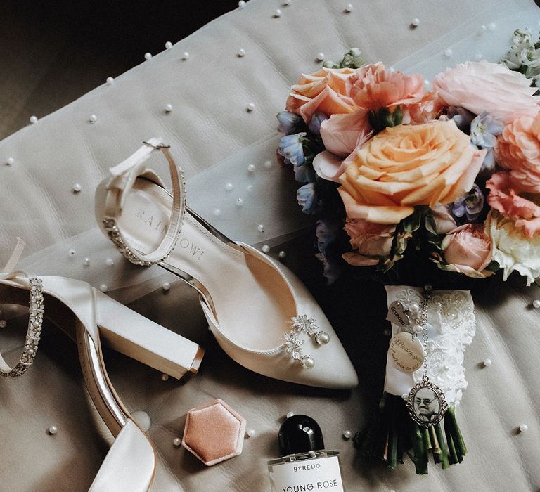 Bridal accessories with shoes from Rainbow Club, the bridal bouquet and Byredo wedding perfume 