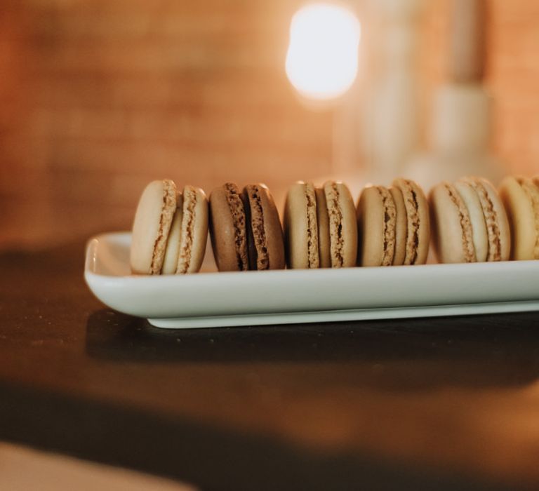 Warm toned macarons for wedding reception at Reymerston Hall