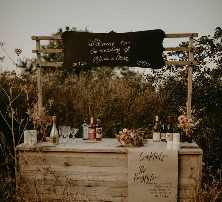 Outdoor sustainable wedding bar details