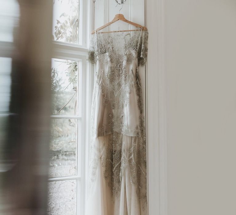 Shot of a homemade wedding dress designed and created by the bride and her mom.