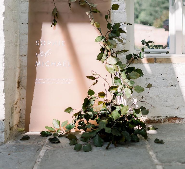 Blush pink contemporary wedding welcome sign by Vine In The Wild