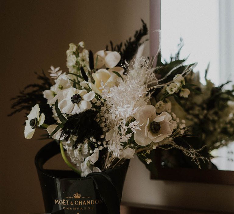 White flower wedding bouquet with Tom Ford perfume, gold jewellery bridal accessories