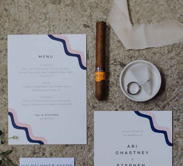 Wedding stationery flatly from Papier with pink and blue wavy line design 