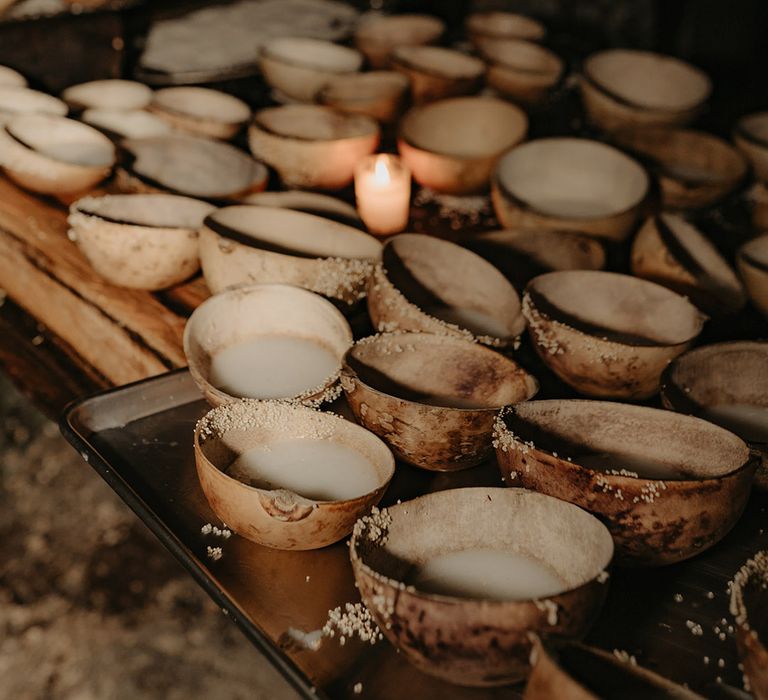 Wooden bowls outdoors in the jungle of Tulum 