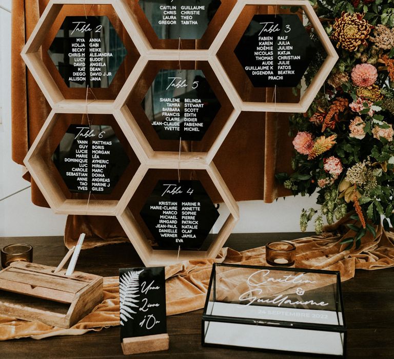 honeycomb wedding table plan with hexagonal acrylic signs