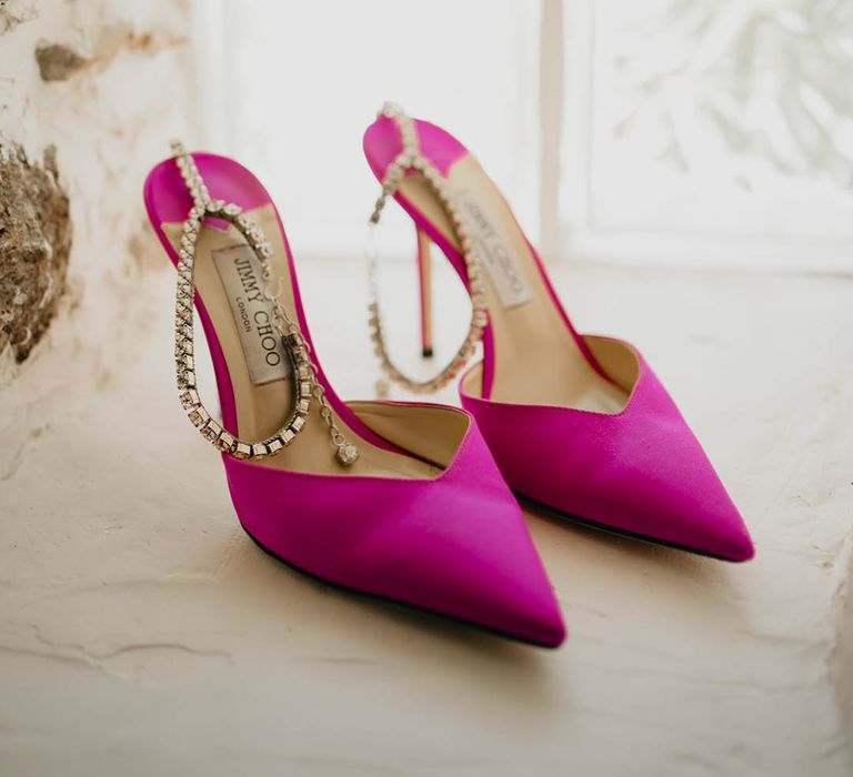 Pointed pink Jimmy Choo wedding shoes with diamond wedding strap 