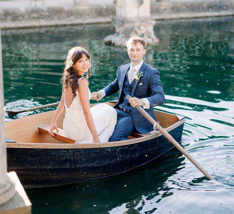 couple enjoy a boat ridge at luxury wedding venue in South West England 