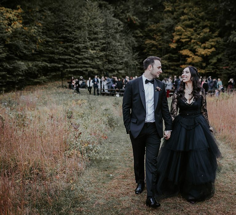 Foxfire Mountain House at outdoor wedding ceremony with gothic wedding fashion and all black outfits 