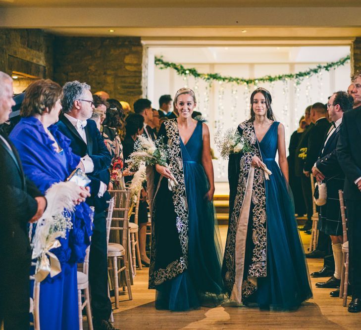 Teal bridesmaid dresses and gold sashes for English and Indian multicultural wedding 