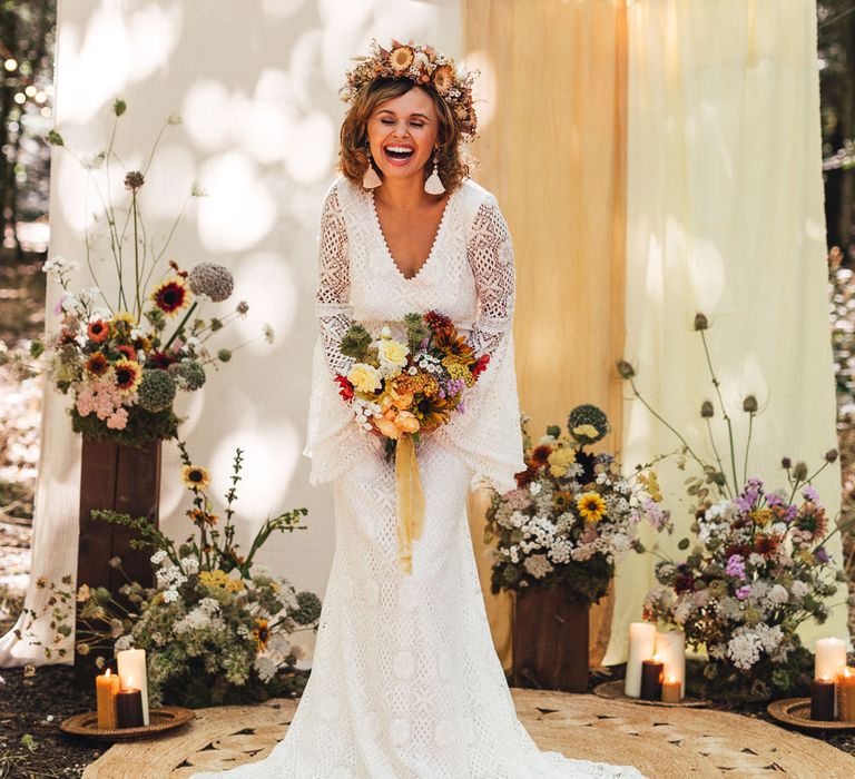 Boho chic bride in flower crown