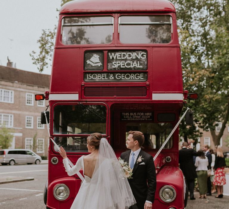 Red bus wedding transport