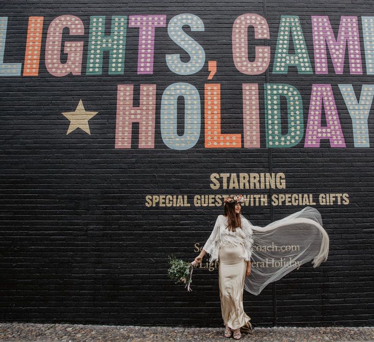 London wedding photograph location - Shoreditch - Bride in front of black wall