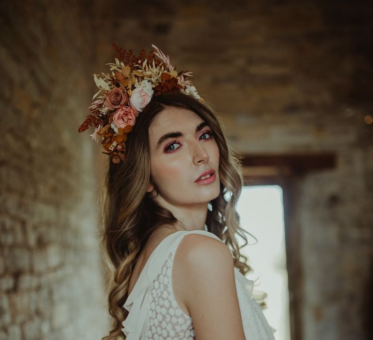 Bride in dried blush flower crown