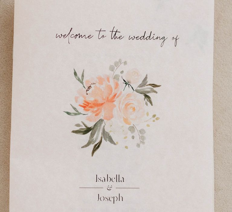 Order of Service stationery complete with watercolour style painted flower and italic writing