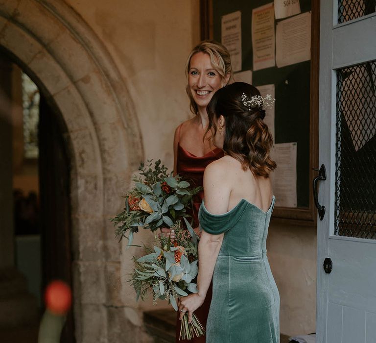 Velvet bridesmaid dresses for Autumn wedding at The Barns at Redcoats