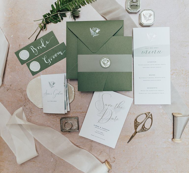 Green and white wedding stationery suite with thistle and leaf design 