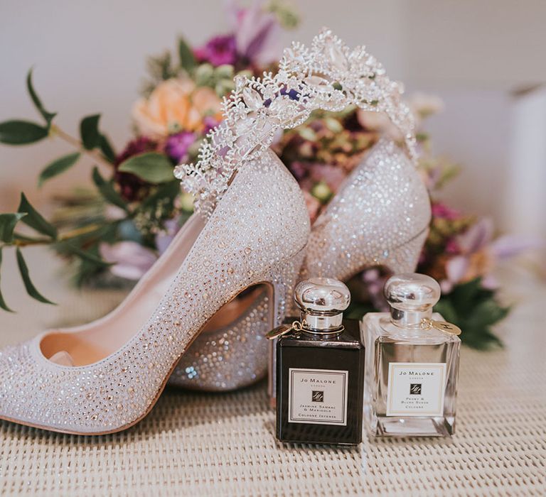 Bride's Jo Malone perfume and sparkly diamanté wedding shoes with silver jewelled tiara