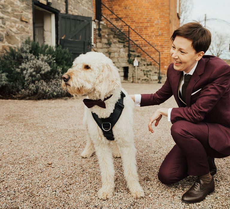 Ceri wears a burgundy suit as they pet Dug the ring bearer dog 