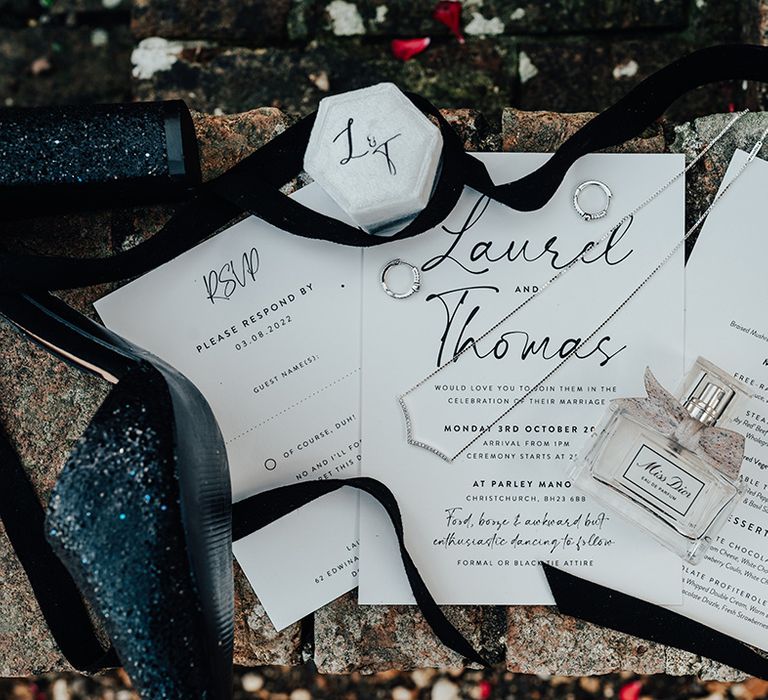 Classic and simple black and white wedding stationery including the menus, invitations, and RSVP for gothic wedding 