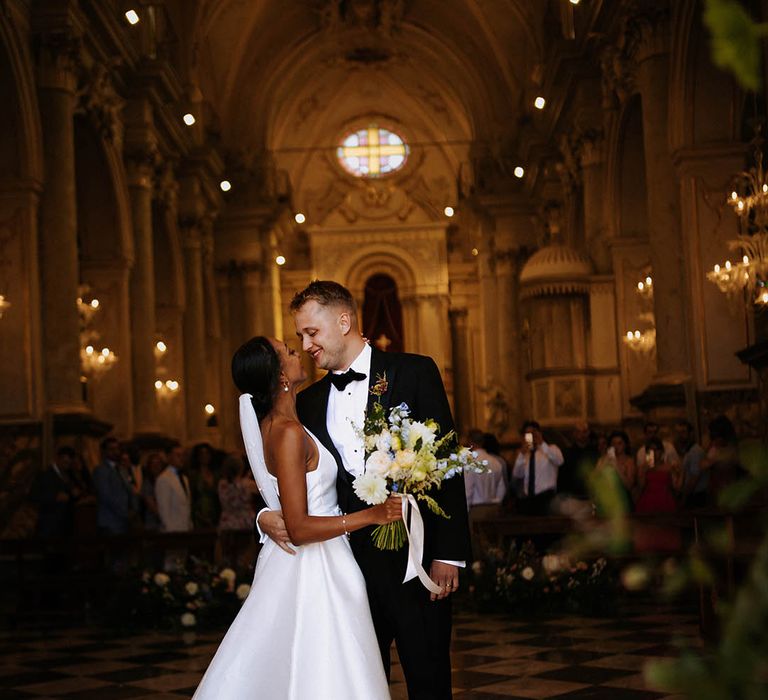 black-tie wedding in Sicily with bride in a one shoulder bridal gown