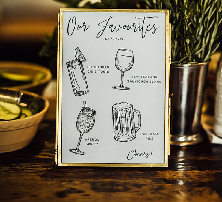 Black and white custom drawn wedding cocktail menu sign 