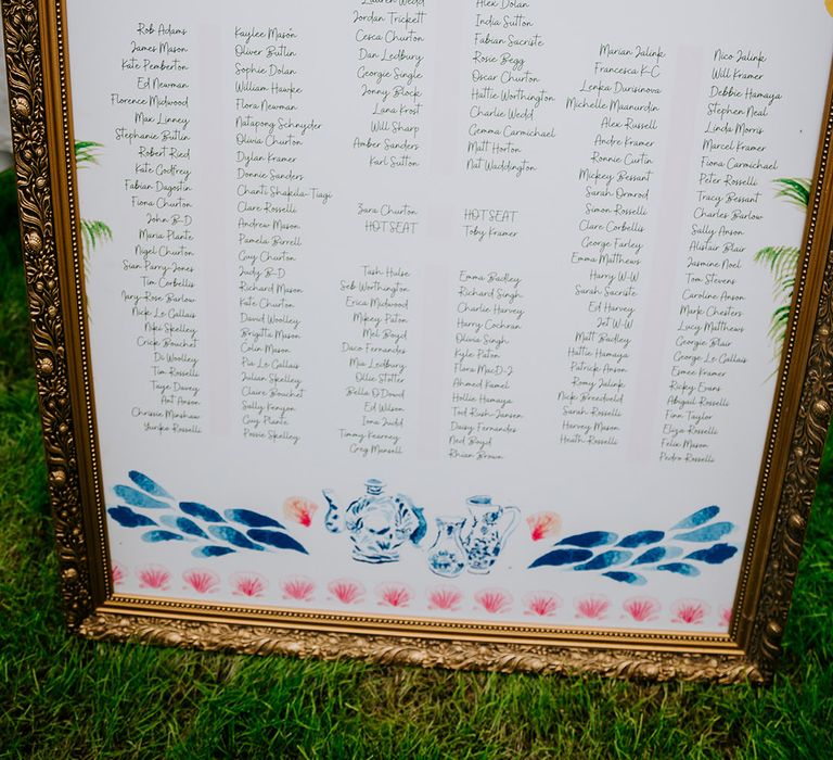 Wedding seating chart with bright colourful detailing 