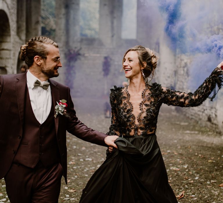 Smoke bomb wedding day moment for gothic style wedding 