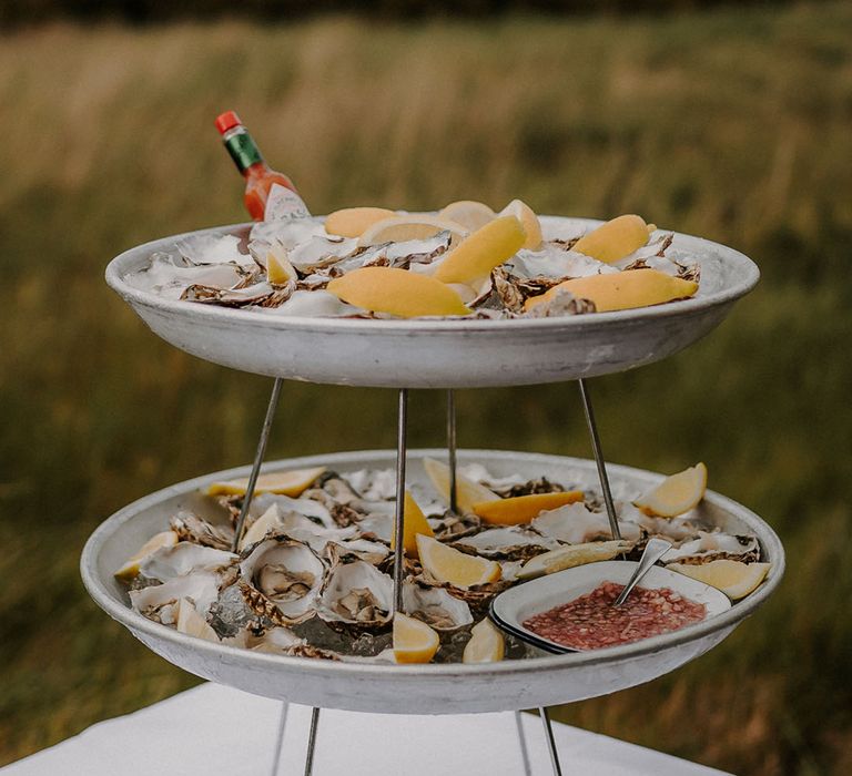 Tray of oysters with lemons and hot sauce 