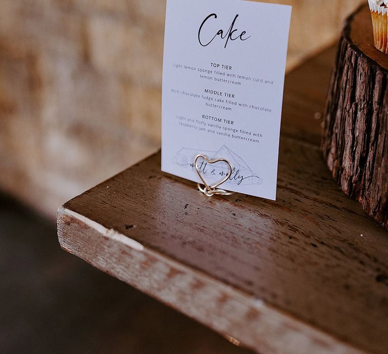 White wedding cake sign labelling the different flavours of the cake tiers 