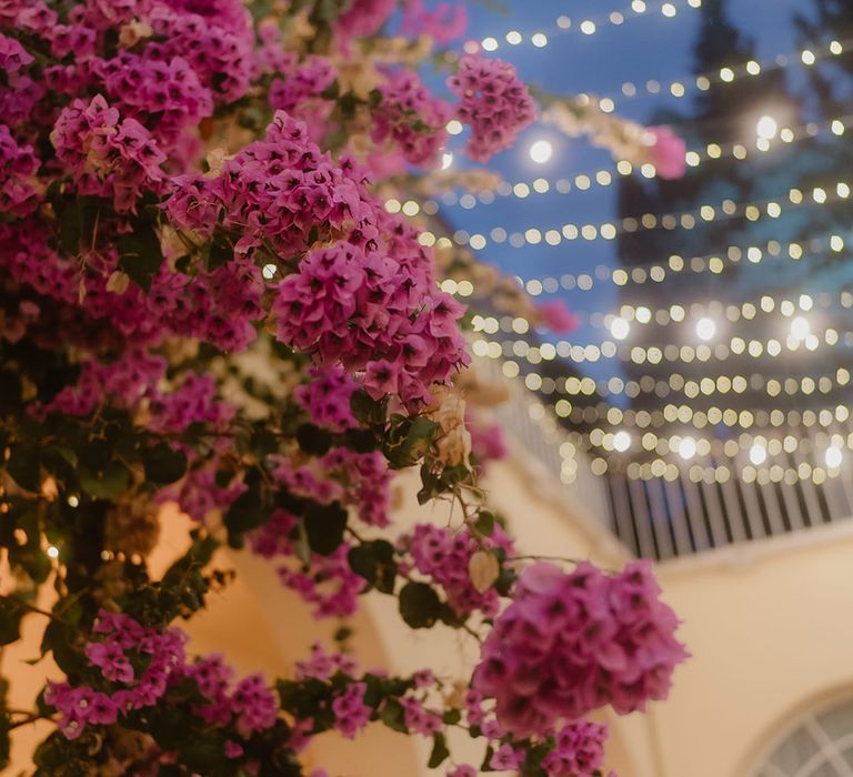 Croatia wedding venue with pink flowers and string lights decorating the villa 