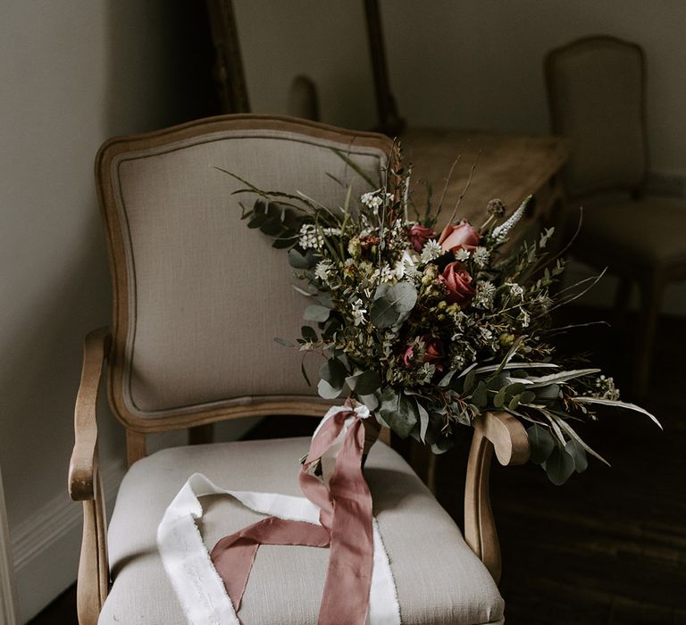 Pink rose and white wedding bouquet with pink and white bouquet ribbons with embroidered ribbon 