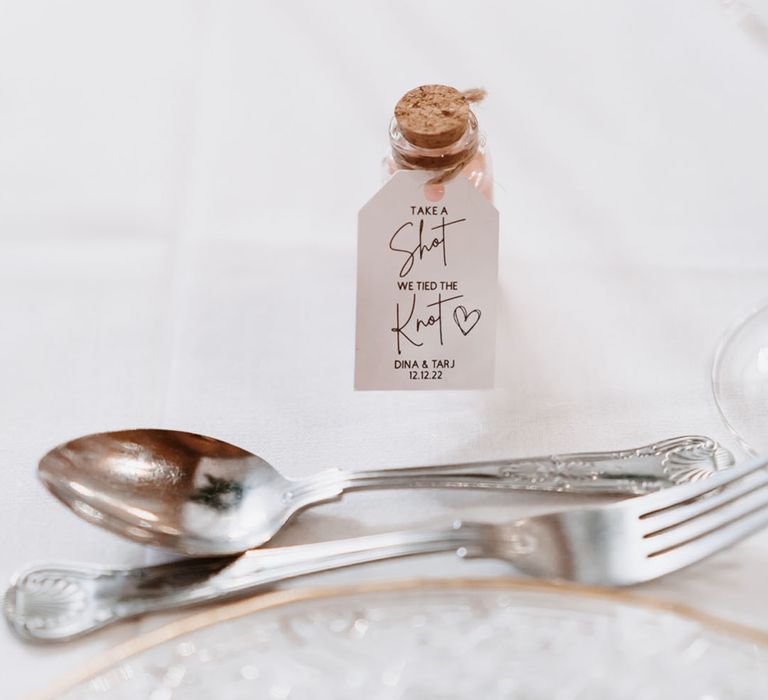 Alcoholic wedding shot favours with personalised favours tag 